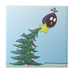 Cartoon Bird Christmas Tree Star Tegeltje