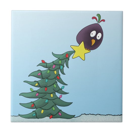 Cartoon Bird Christmas Tree Star Tegeltje (Voorkant)