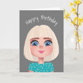 Cartoon Birthday Blond Girl op grijs Kaart (Gele Bloem)
