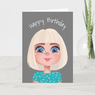 Cartoon Birthday Blond Girl op grijs Kaart