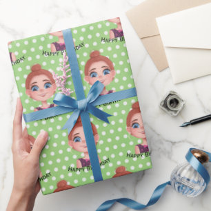 Cartoon Birthday Girl met Big Eyes Cadeaupapier