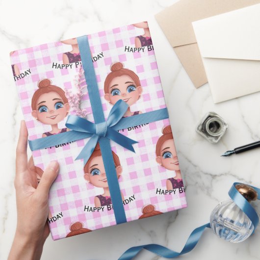 Cartoon Birthday Girl met Big Eyes Cadeaupapier (Geschenken)