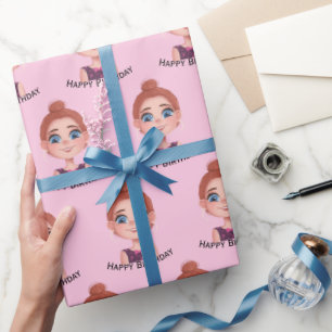 Cartoon Birthday Girl met Big Eyes Cadeaupapier