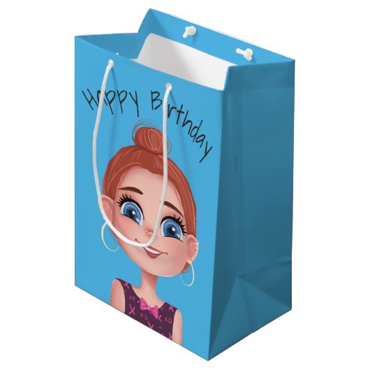 Cartoon Birthday Girl op Aqua Medium Cadeauzakje (Voorkant Gekanteld)