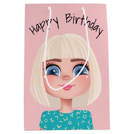 Cartoon Birthday Girl op Blush Pink Medium Cadeauzakje (Voorkant)