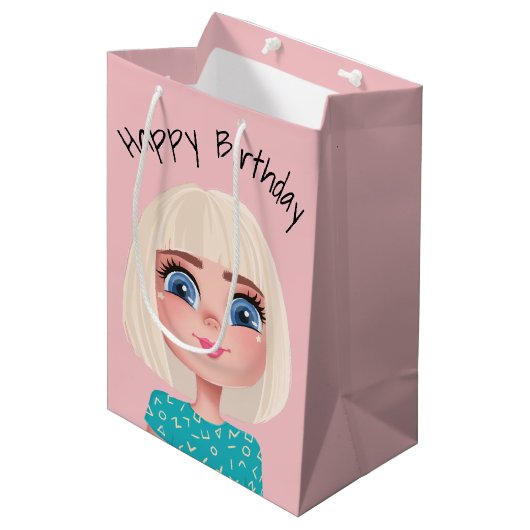 Cartoon Birthday Girl op Blush Pink Medium Cadeauzakje (Voorkant Gekanteld)
