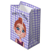 Cartoon Birthday Girl op Gingham Medium Cadeauzakje (Voorkant Gekanteld)