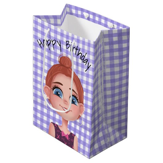 Cartoon Birthday Girl op Gingham Medium Cadeauzakje (Voorkant Gekanteld)