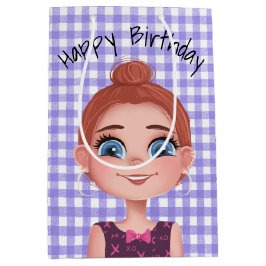 Cartoon Birthday Girl op Gingham Medium Cadeauzakje