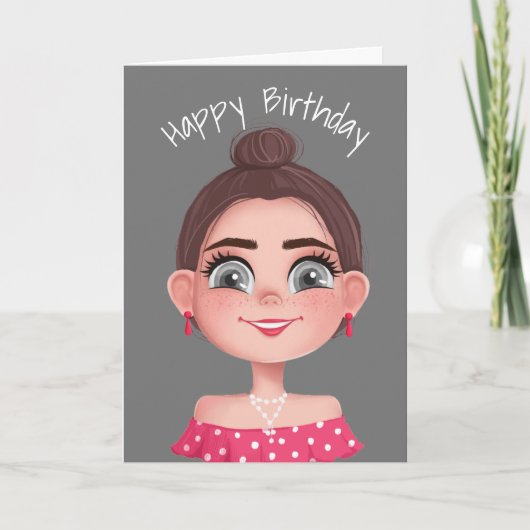 Cartoon Birthday Girl op Grey Kaart (Voorkant)