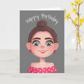 Cartoon Birthday Girl op Grey Kaart (Gele Bloem)
