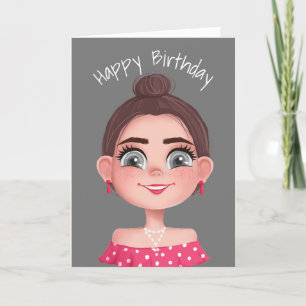 Cartoon Birthday Girl op Grey Kaart