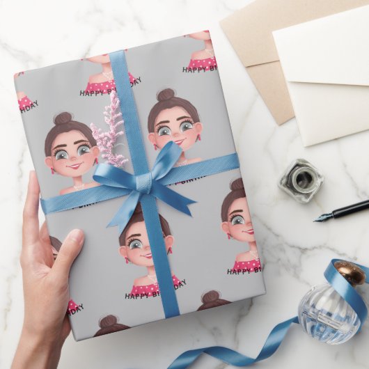 Cartoon Birthday Girl op grijs Cadeaupapier (Geschenken)