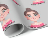 Cartoon Birthday Girl op grijs Cadeaupapier (Rol Hoek)