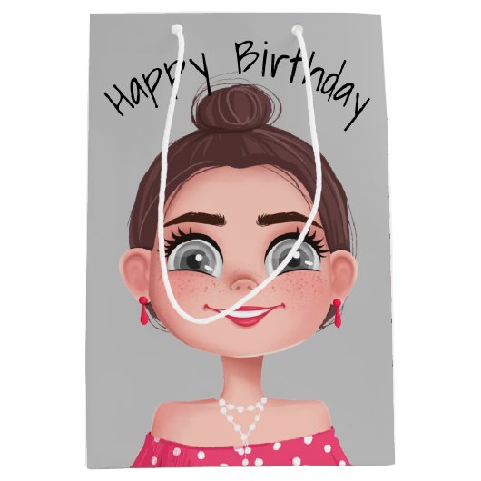 Cartoon Birthday Girl op grijs Medium Cadeauzakje (Voorkant)