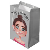 Cartoon Birthday Girl op grijs Medium Cadeauzakje (Voorkant Gekanteld)