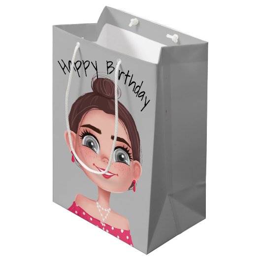 Cartoon Birthday Girl op grijs Medium Cadeauzakje (Voorkant Gekanteld)