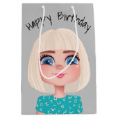Cartoon Birthday Girl op grijs Medium Cadeauzakje (Voorkant)
