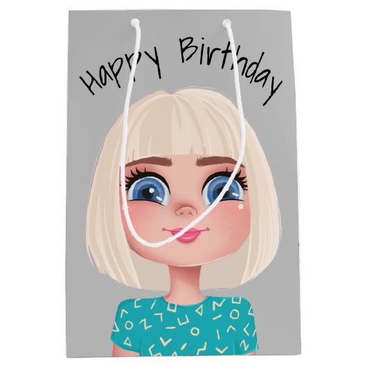 Cartoon Birthday Girl op grijs Medium Cadeauzakje (Voorkant)