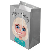 Cartoon Birthday Girl op grijs Medium Cadeauzakje (Voorkant Gekanteld)
