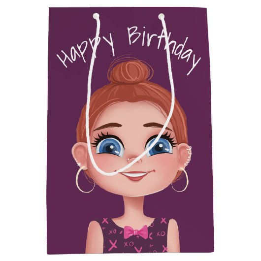 Cartoon Birthday Girl op Paars Medium Cadeauzakje (Voorkant)