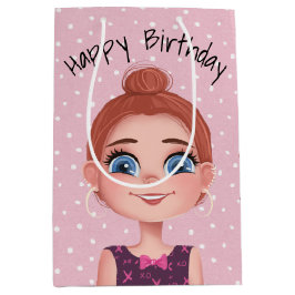 Cartoon Birthday Girl op poka Dots Medium Cadeauzakje