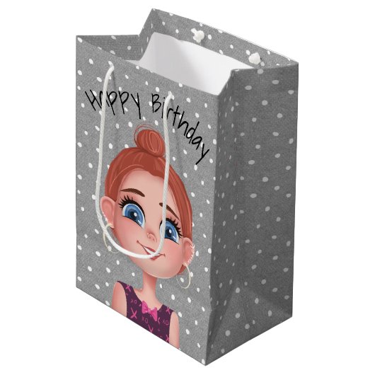 Cartoon Birthday Girl op poka Dots Medium Cadeauzakje (Voorkant Gekanteld)