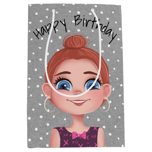 Cartoon Birthday Girl op poka Dots Medium Cadeauzakje (Voorkant)