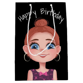 Cartoon Birthday Girl op zwart Medium Cadeauzakje