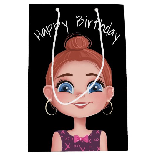 Cartoon Birthday Girl op zwart Medium Cadeauzakje (Voorkant)