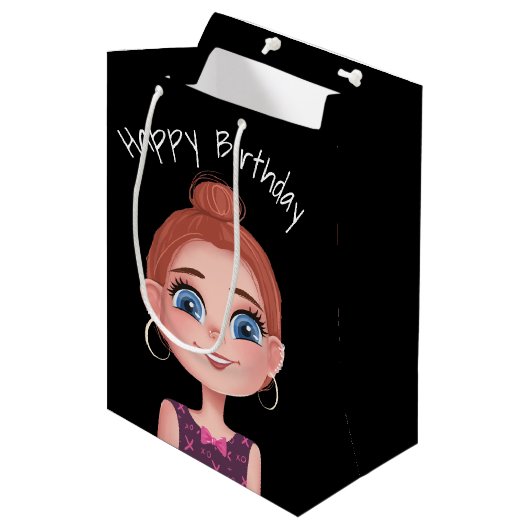 Cartoon Birthday Girl op zwart Medium Cadeauzakje (Voorkant Gekanteld)