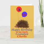 Cartoon Birthday Grandson voegt naamleeftijd toe Kaart<br><div class="desc">De verjaardagskaart van kinderen,  verandert de naam en de leeftijd op voorzijde,  verandert het relatie indien nodig,  en voegt om het even welk extra bericht en namen binnen toe. Een schattige cartoon heegel met een glimlach,  grote ogen en ballonnen met leeftijd vasthouden. Voor oma.</div>