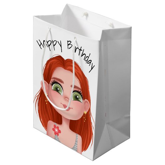 Cartoon Birthday Redhead Girl on White Medium Cadeauzakje (Voorkant Gekanteld)