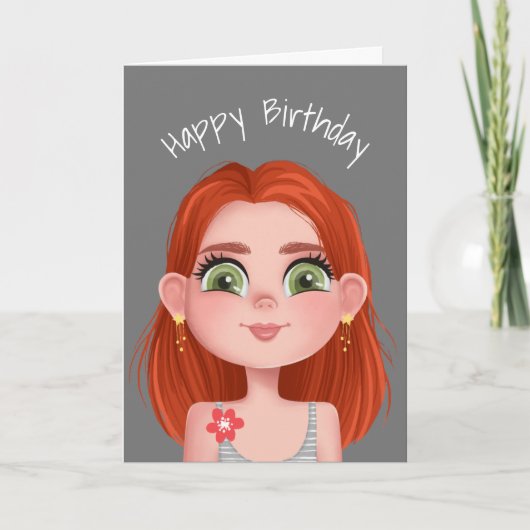Cartoon Birthday Redhead Girl op Grey Kaart (Voorkant)