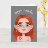 Cartoon Birthday Redhead Girl op Grey Kaart (Gele Bloem)