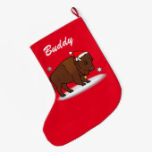 Cartoon Bison met Santa Hat Name Grote Kerstsok (Achterkant (Hangend))