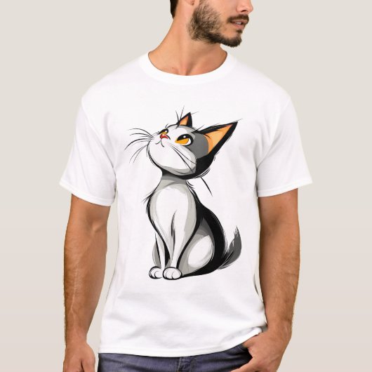 Cartoon Black and White Cat Sitting Illustration T-shirt (Voorkant)