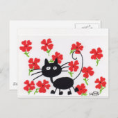 Cartoon Black Cat en rode bloemen Briefkaart (Voorkant / Achterkant)