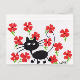 Cartoon Black Cat en rode bloemen Briefkaart