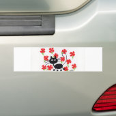 Cartoon Black Cat en rode bloemen Bumpersticker (Op auto)