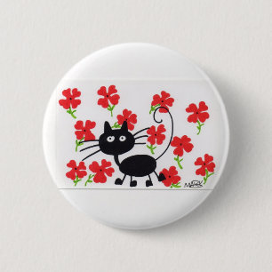 Cartoon Black Cat en rode bloemen Ronde Button 5,7 Cm