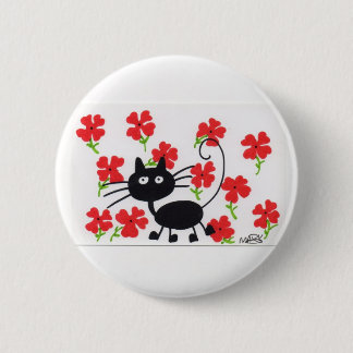 Cartoon Black Cat en rode bloemen Ronde Button 5,7 Cm