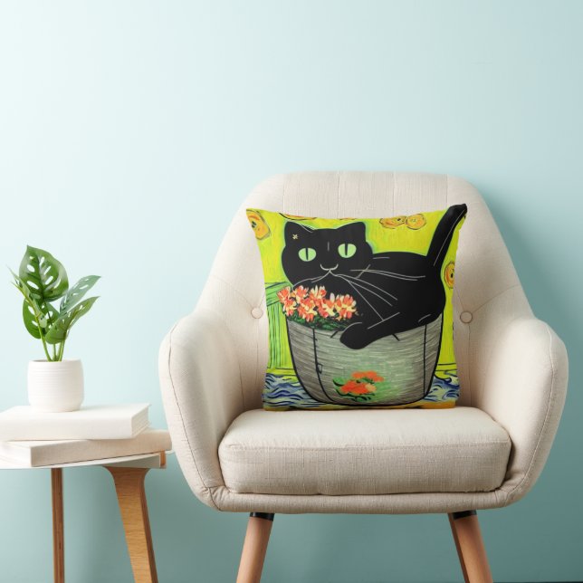 Cartoon Black Cat in Pot Kussen (Stoel)