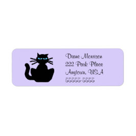 Cartoon Black Cat met Blue Eyes Lavender Return Etiket