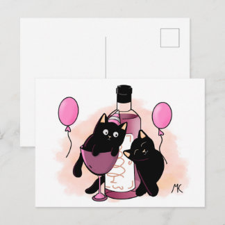 Cartoon black Cats party with Balloons and Wine Feestdagenkaart