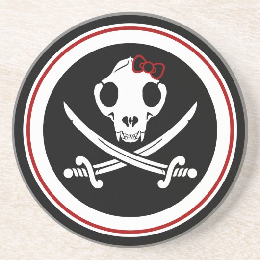 Cartoon Black White Jolly Kat Pirate Skull Botten Zandsteen Onderzetter (Voorkant)