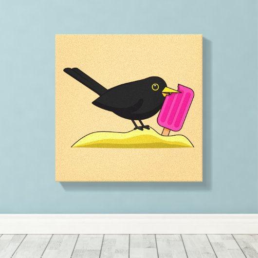 Cartoon Blackbird die een ijskap eet Canvas Afdruk (Insitu (Houten vloer))
