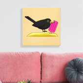 Cartoon Blackbird die een ijskap eet Canvas Afdruk (Insitu (Woonkamer))