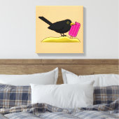 Cartoon Blackbird die een ijskap eet Canvas Afdruk (Insitu (Slaapkamer))