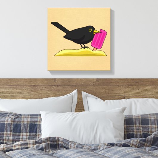 Cartoon Blackbird die een ijskap eet Canvas Afdruk (Insitu (Slaapkamer))